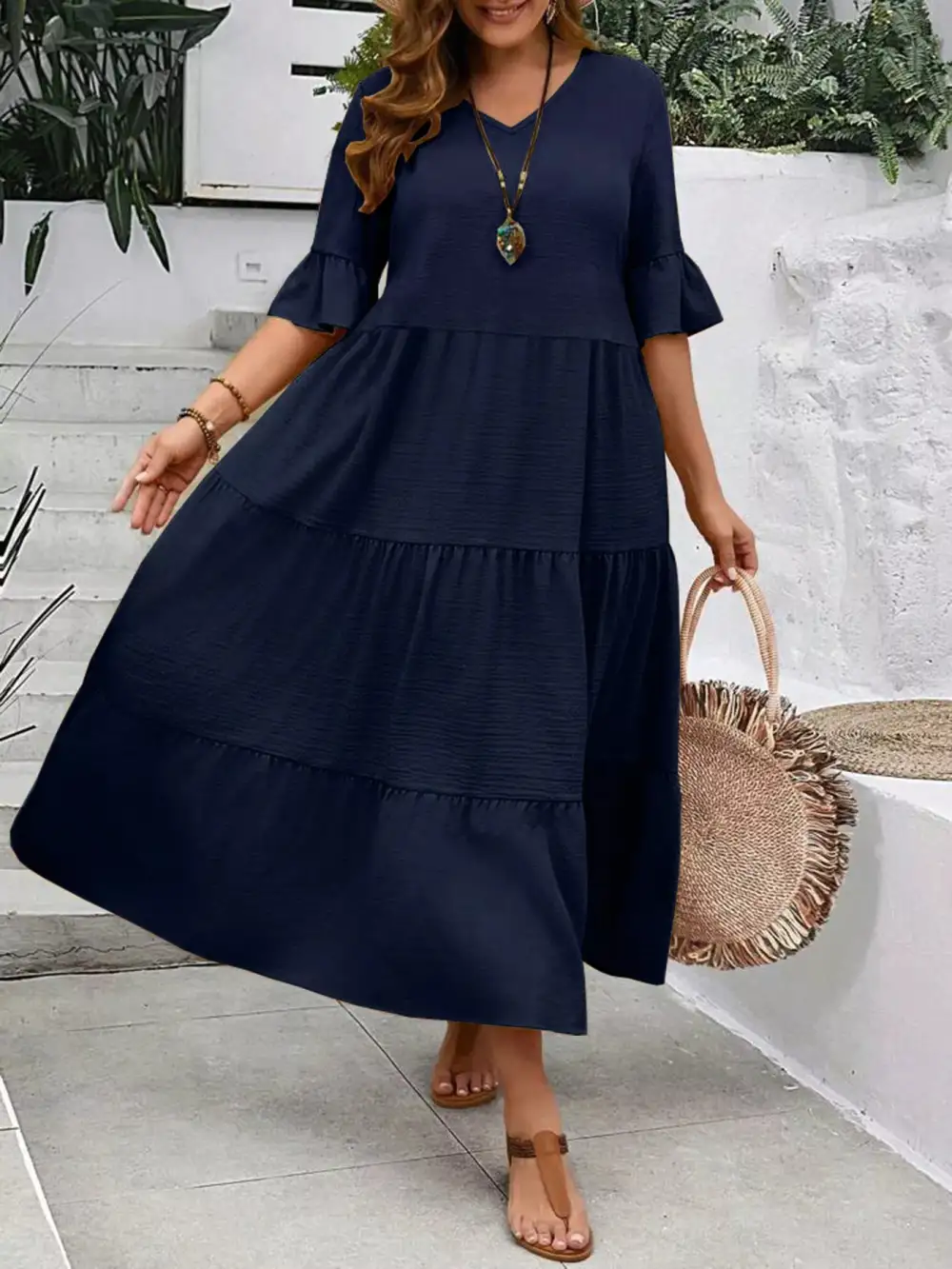 Plus Size Ruffle Sleeves Tiered Midi Dress