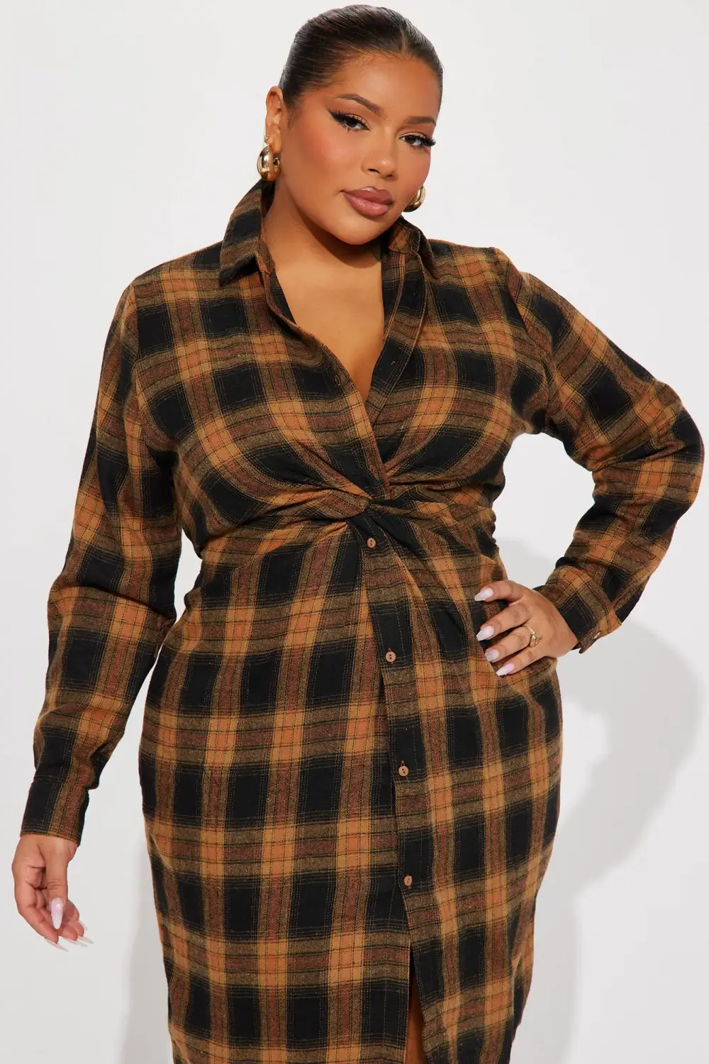 Fall Flannel Midi Dress - Camel/combo