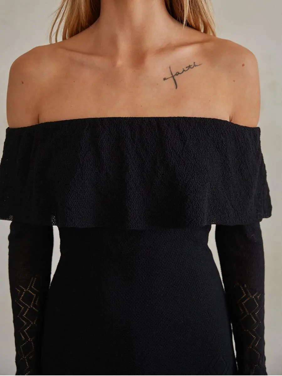 Off the Shoulder Ruffle Sweater Mini Dress