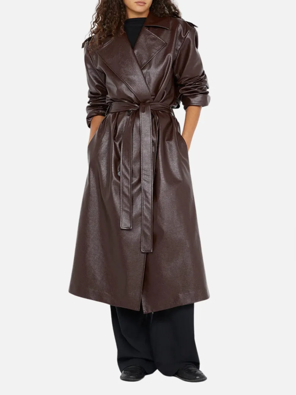 PU Tied Long Coat with Pockets