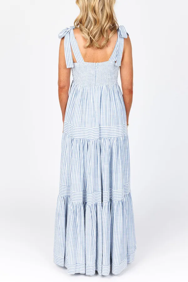 Blue Striped Sleeveless Tiered Maxi Dress