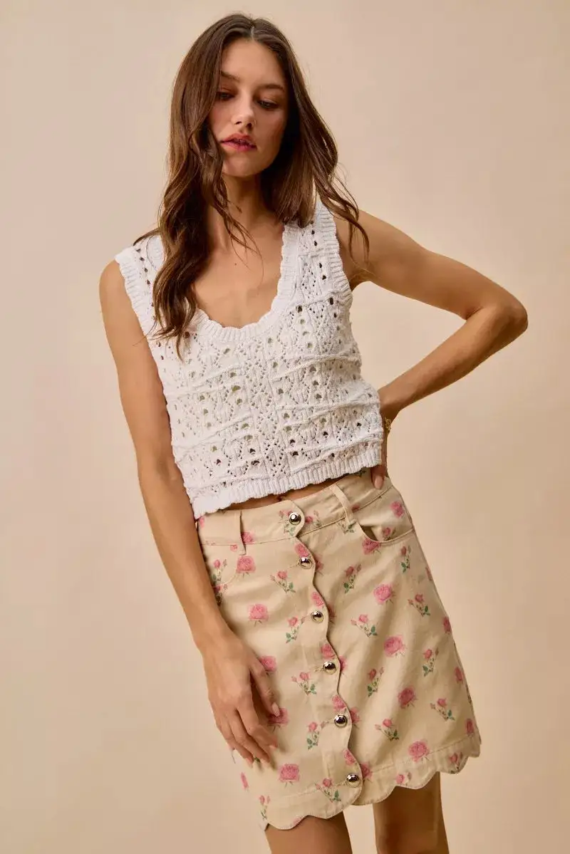 Button Front Cotton Blend Skirt