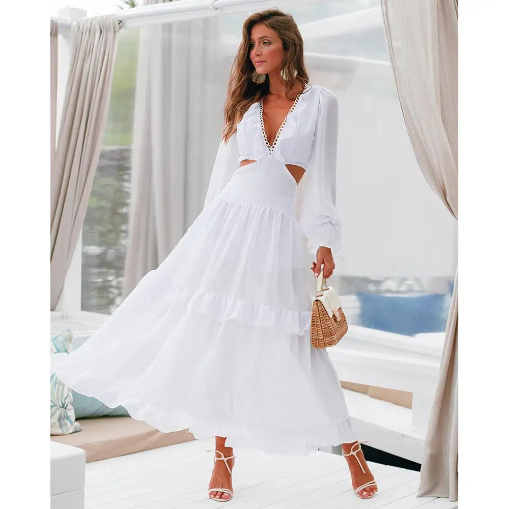 Sardinian Summer White Ruffle Cut Out Waist Maxi Dress