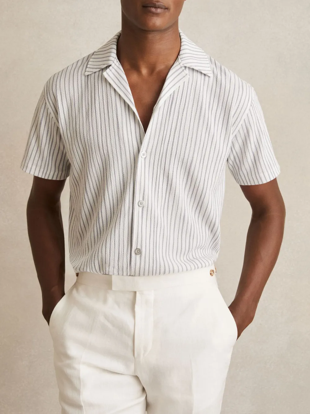 Vintage Striped Cuban Collar Men's Shirt