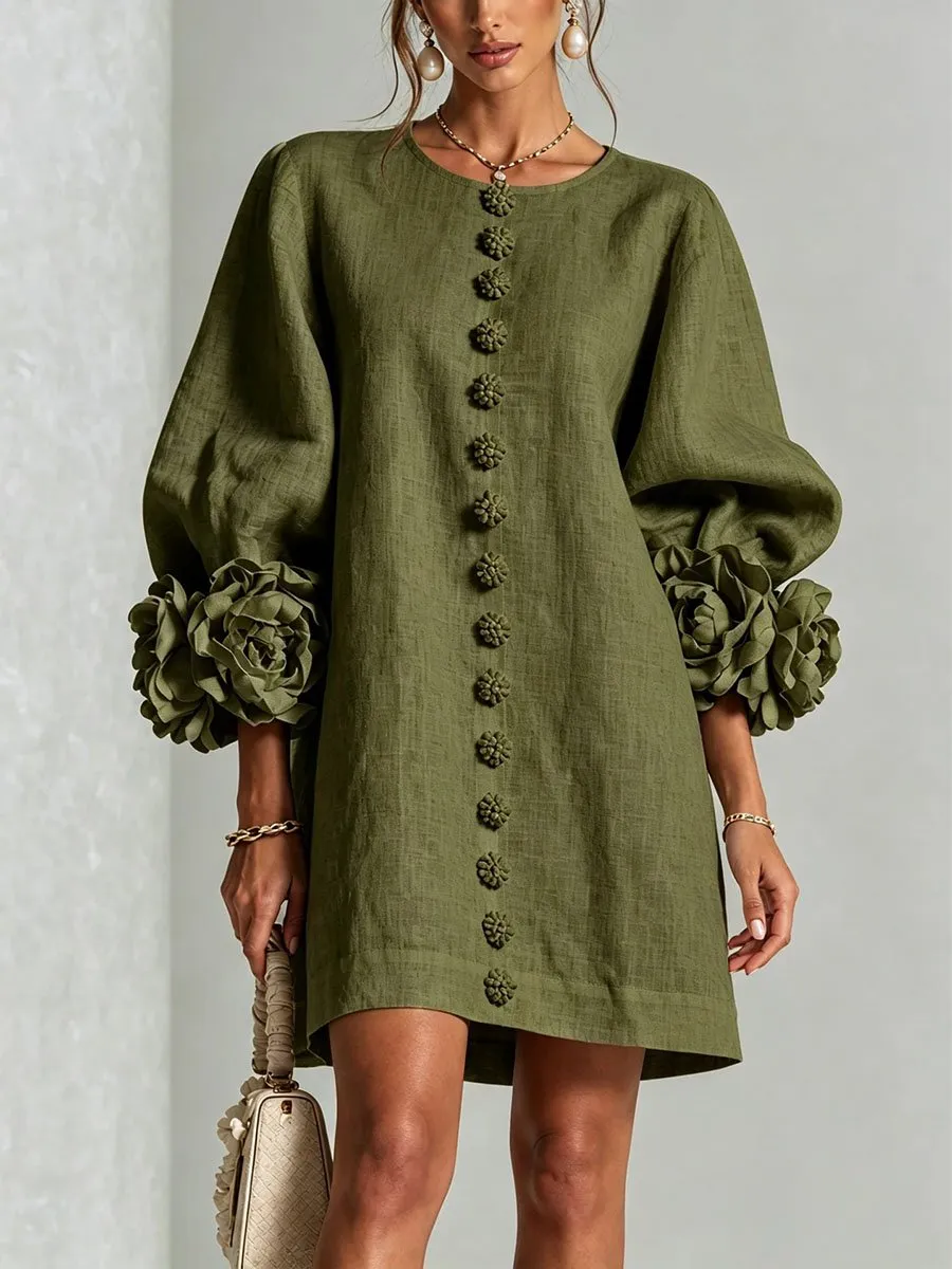 Elegant 3D Floral Button-Front Mini Dress With Striking Floral Cuffs