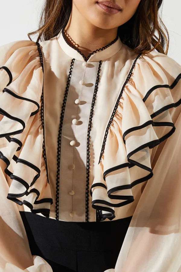 Women's High Collar Ruffled Long Sleeve Loose Casual Jumpsuit