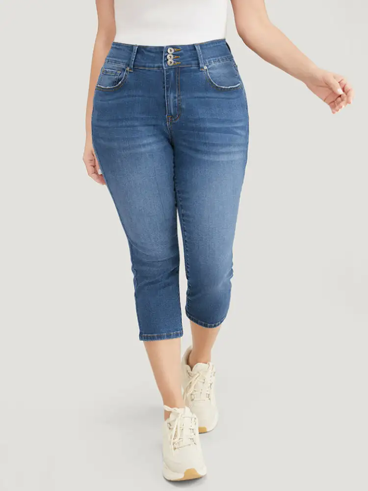 Very Stretchy High Rise Medium Wash Cropped Jeans