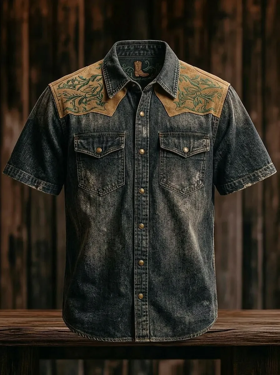Men's Western Cowboy Floral Embroidered Washed Denim Shirt