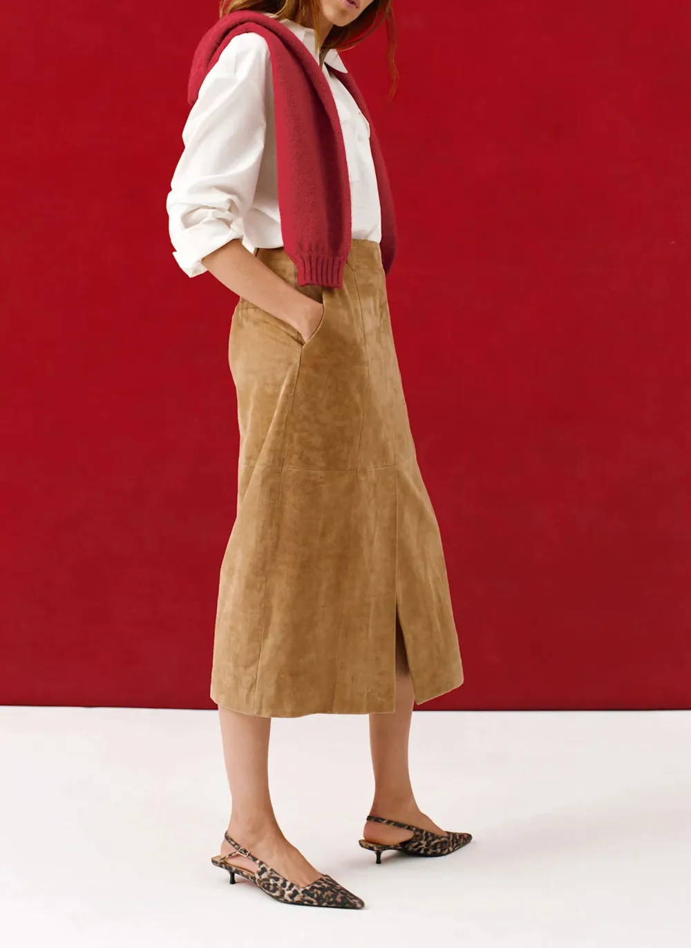 Casual Style Neutral Suede Midi Skirt