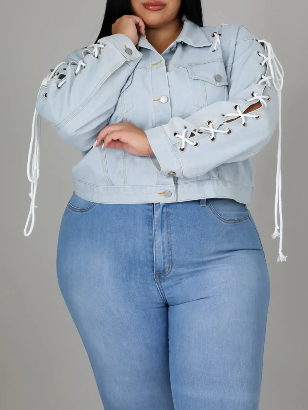 Plus-Size Fashion Women'S Lace-Up Denim Jacket