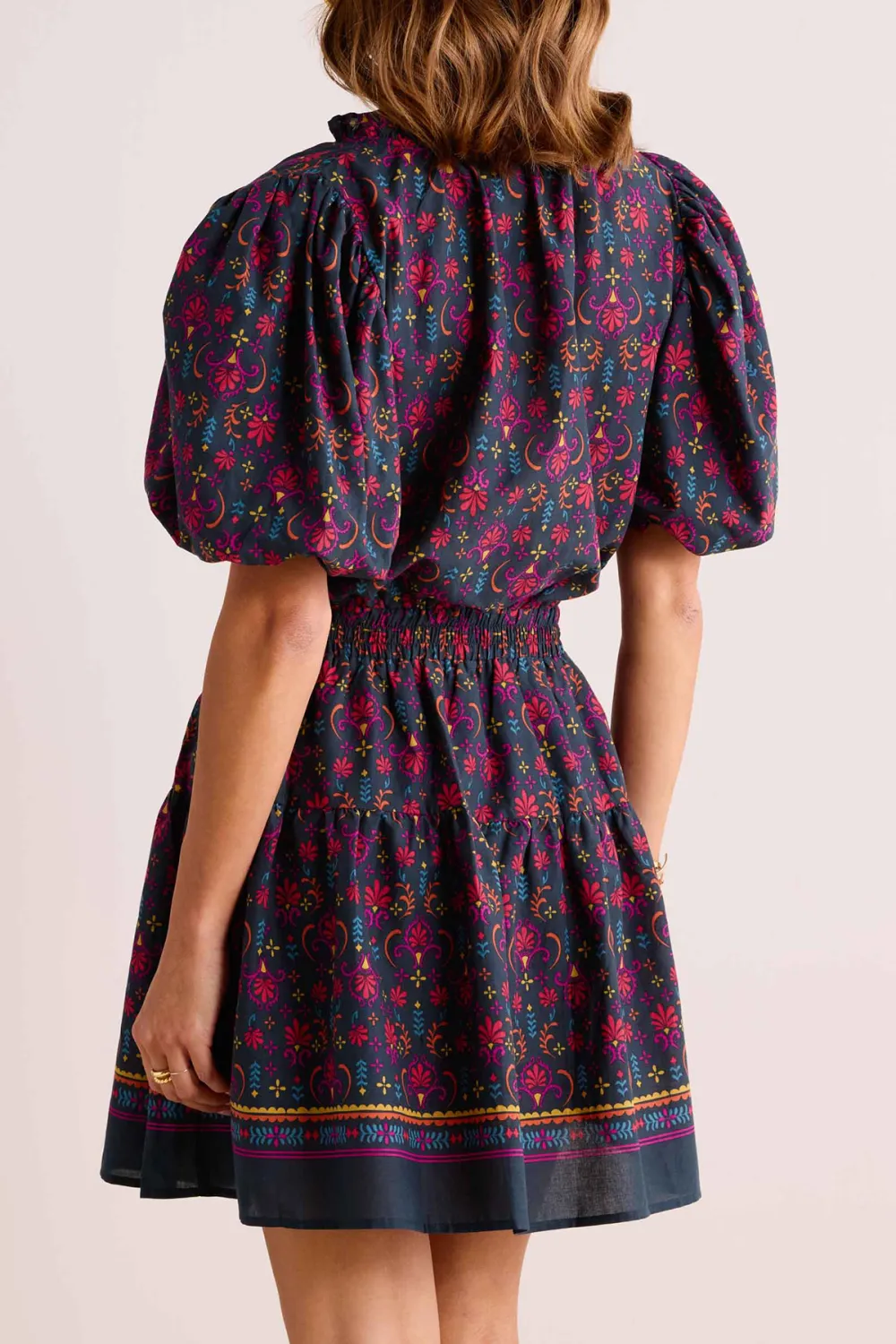 Navy Floral Print Puff Sleeve Tie-Waist Dress