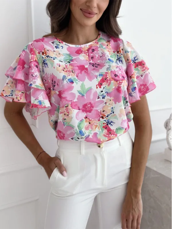 Floral Ruffle Sleeve Blouse