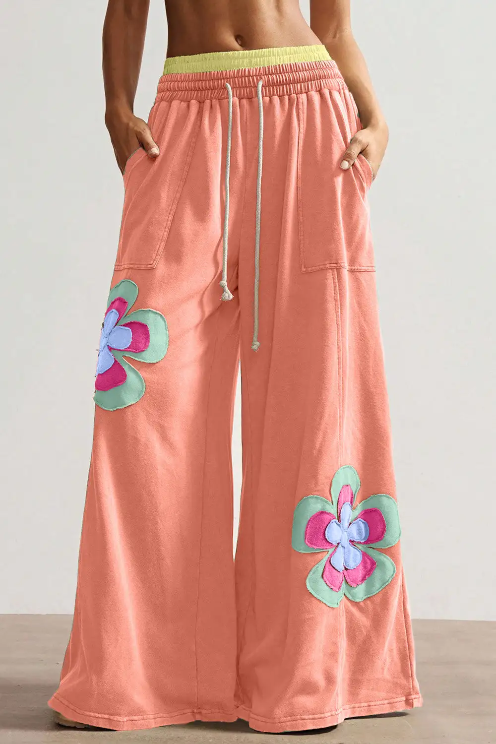 Flower Patchwork Drawstring Elastic Waist Pants