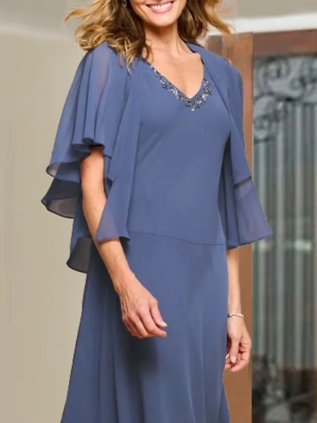 Two Piece A-Line Mother of the Bride Dress Wedding Guest Elegant Plus Size V Neck Tea Length Chiffon Short Sleeve Wrap Included Short Jacket Dresses with Beading Ruffles 2024