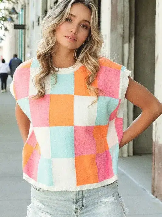 Pastel Dreams Checkered Sleeveless Sweater Top