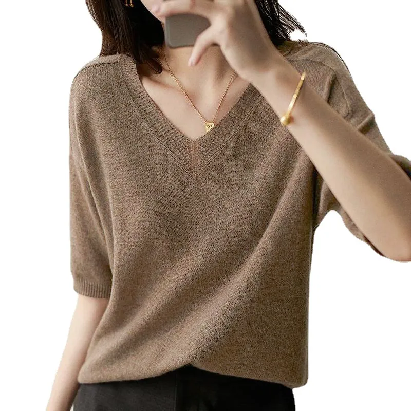 Loose Solid Color Half Sleeve Knitted Sweater