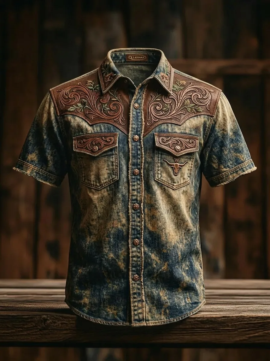 Men's Western Cowboy Bull Skull Floral Tooled Leather Printed Shirt