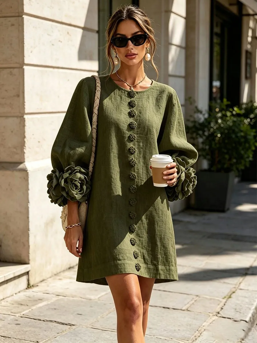 Elegant 3D Floral Button-Front Mini Dress With Striking Floral Cuffs