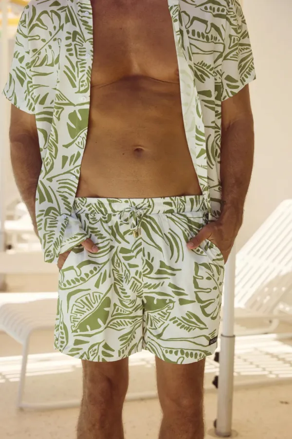 Green And White Tropical Print Men's Beach Set