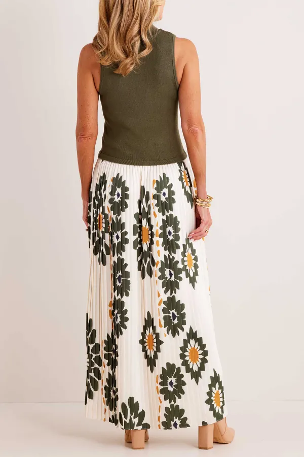 Olive Green Top with Floral Print Maxi Skirt Set