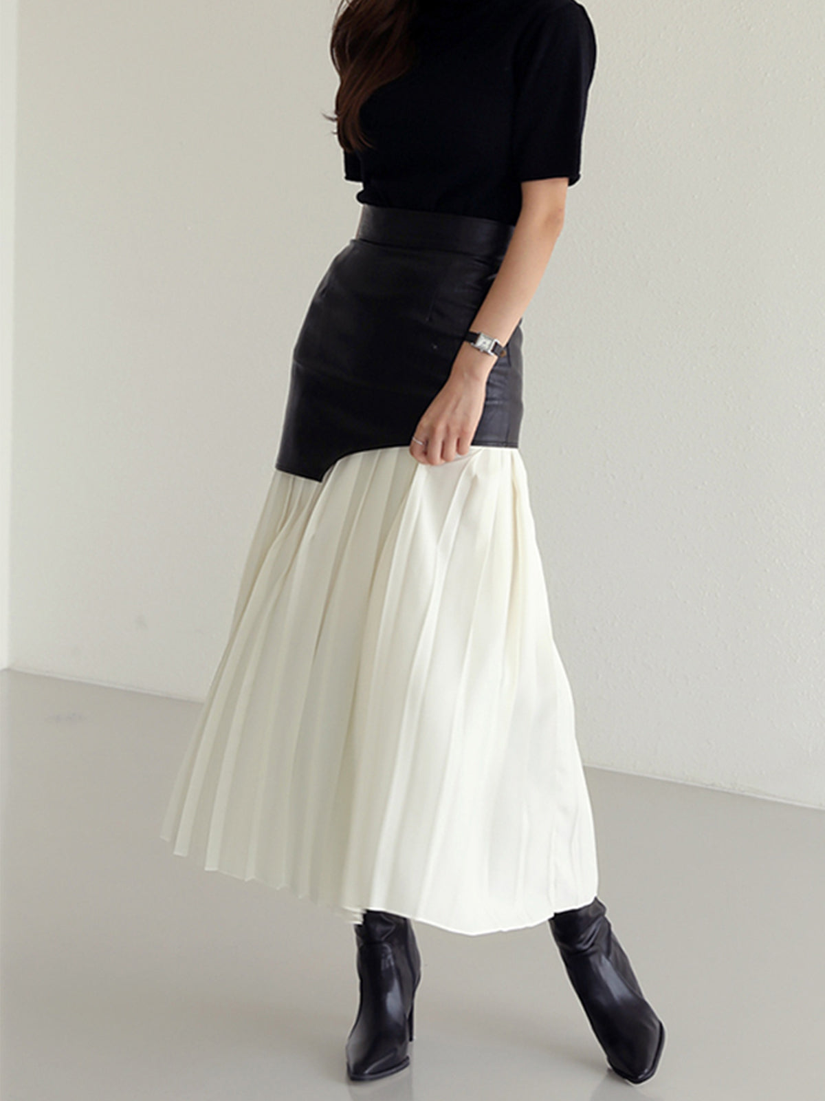 Asymmetric Patchwork Faux Leather Chiffon Pleated Midi Skirt