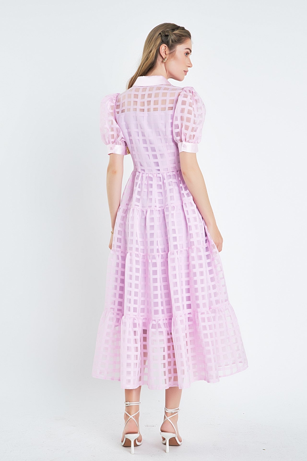 Gridded Organza Tiered Maxi Dress