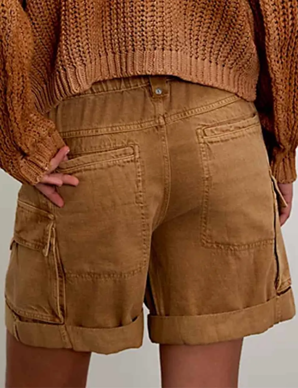 Pocket Drawstring Elastic Waist Rolled Denim Shorts