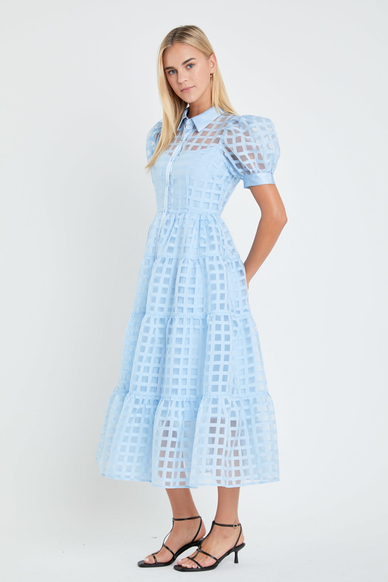 Gridded Organza Tiered Maxi Dress