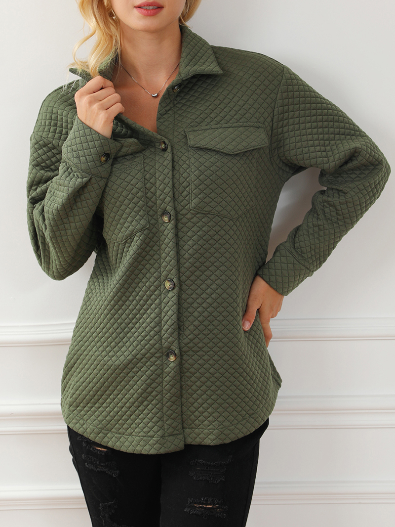 Green Retro Quilted Flap Pocket Button Shacket