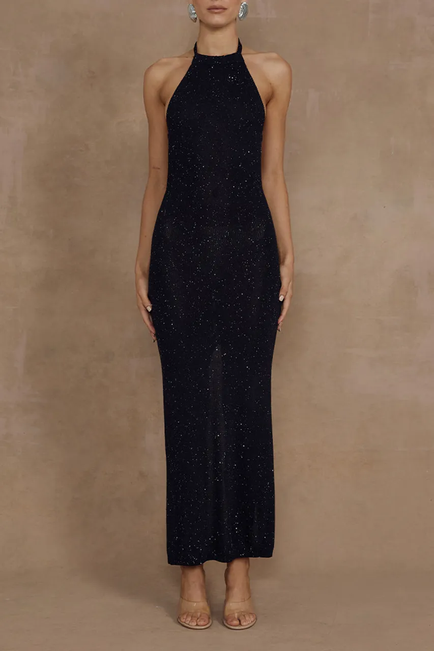 Black Halterneck Glitter Midi Dress