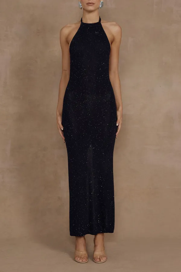 Black Halterneck Glitter Midi Dress