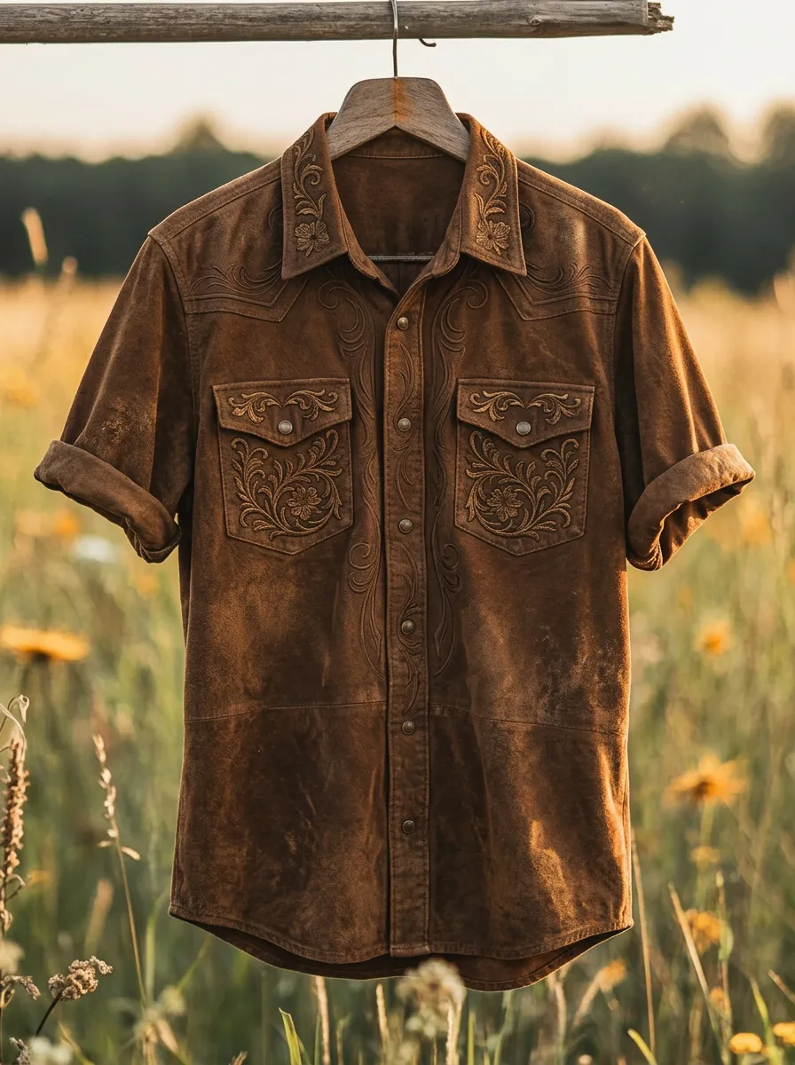 Men's Western Cowboy Floral Embroidery Printed Shirt