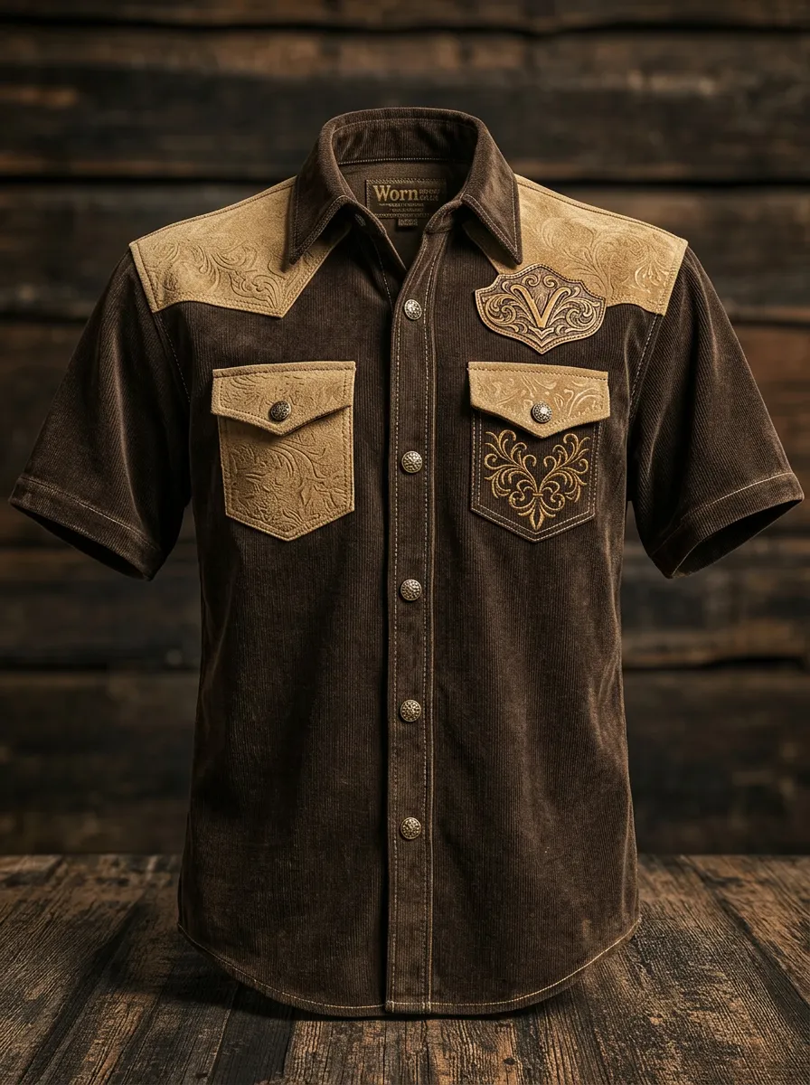 Men's Western Cowboy Floral Embossed Corduroy Printed Shirt