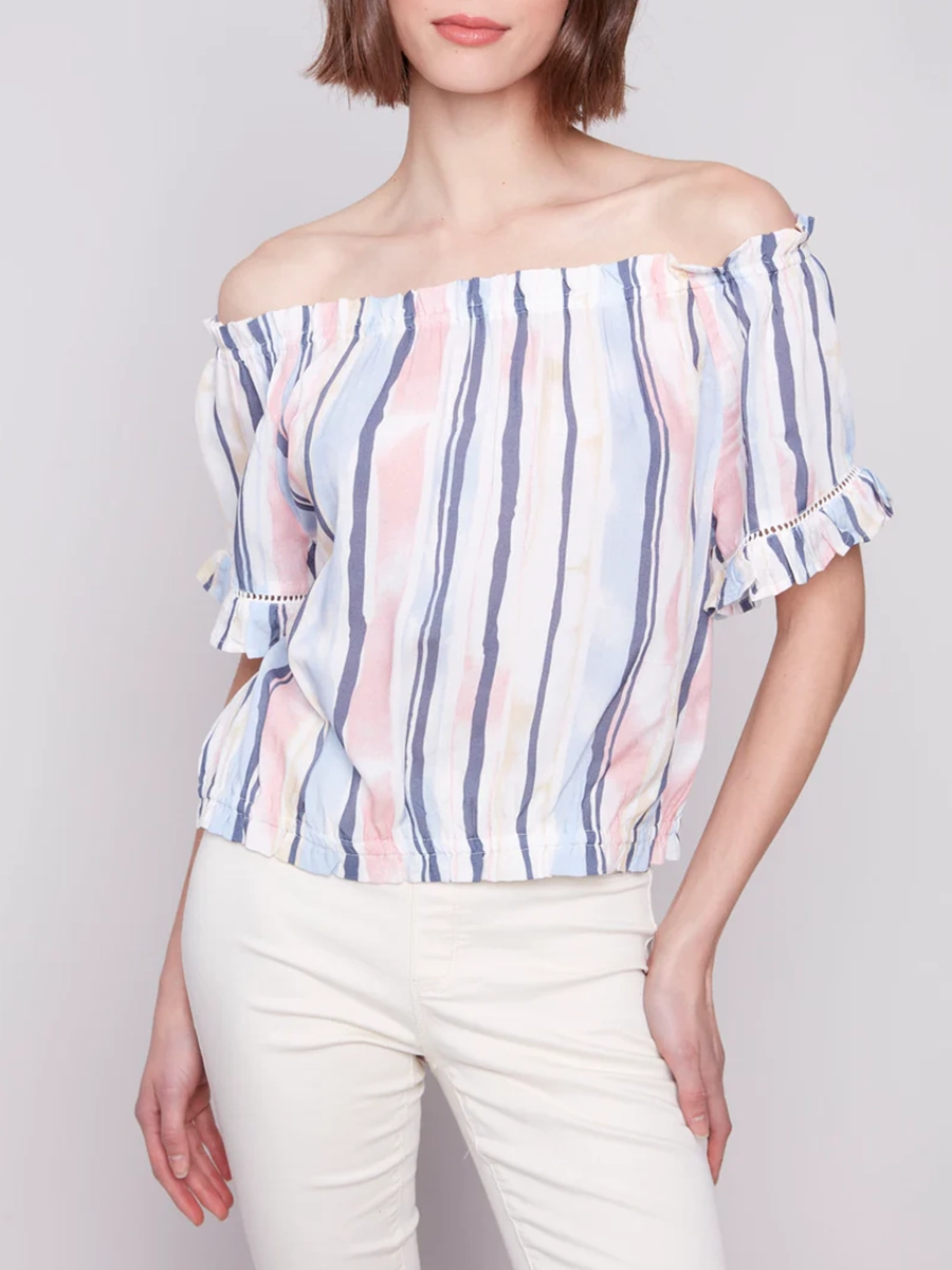 Striped High-End Off-Shoulder Short Sleeves