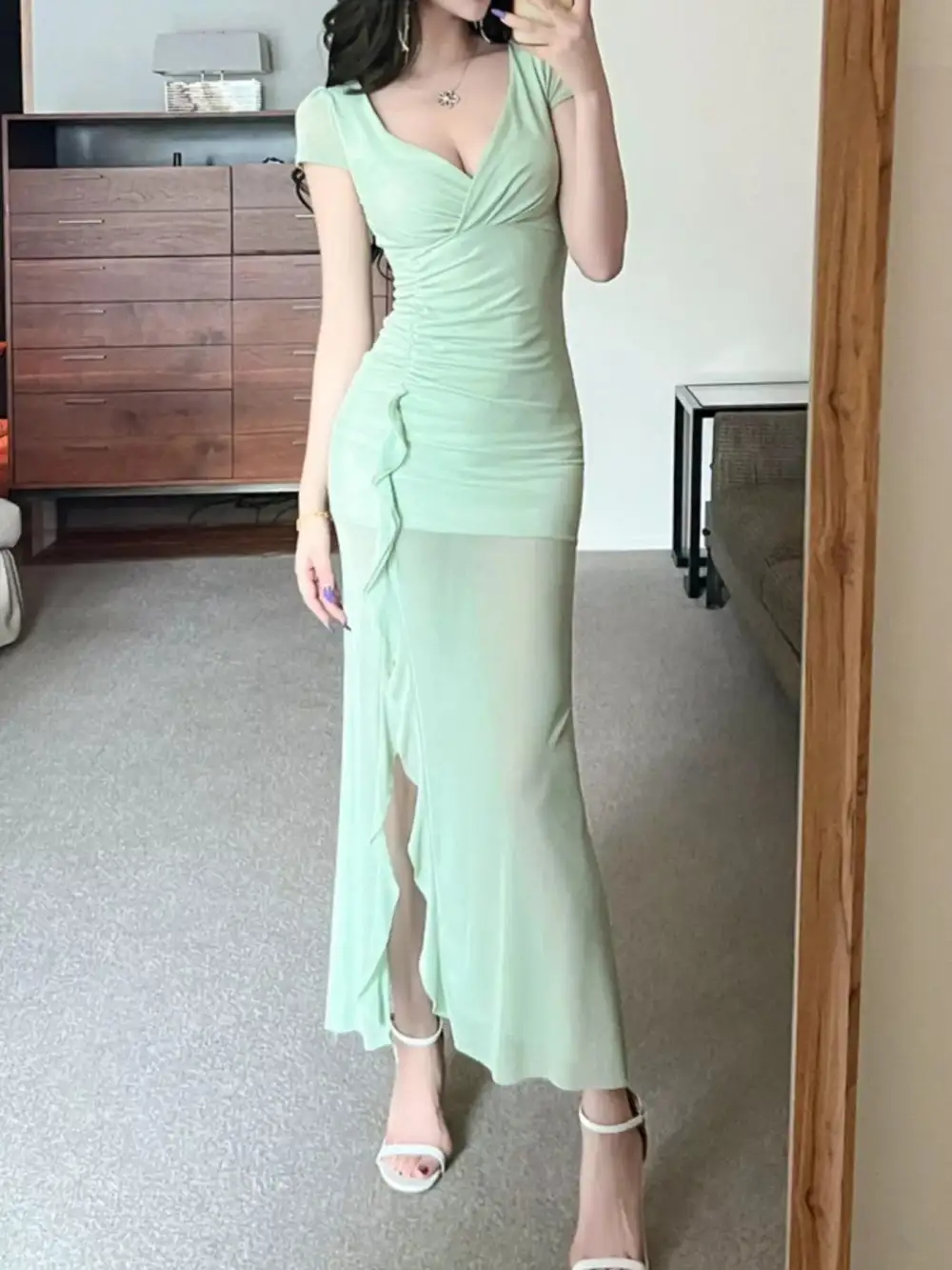 Tie Dye Surplice Ruffle Slit Dress