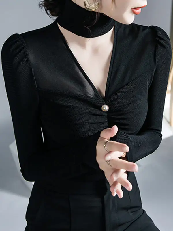 Long Sleeve Slim Fit Mesh Pleat Detail V-Neck T-Shirt