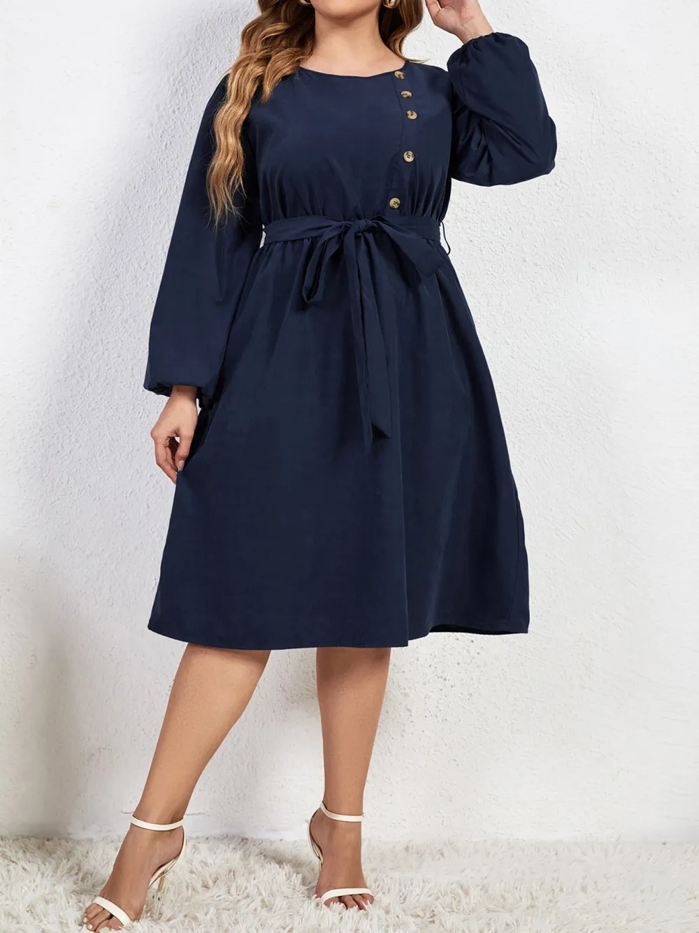 Solid Color Large Size Loose High Waist Tie Round Neck Dress