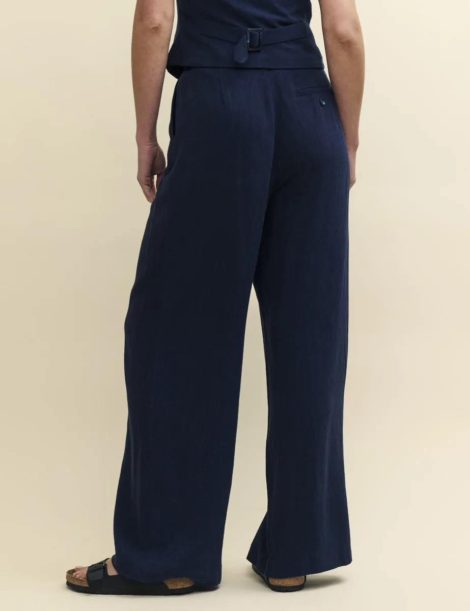 Navy Linen-blend Relaxed Tailored Trousers