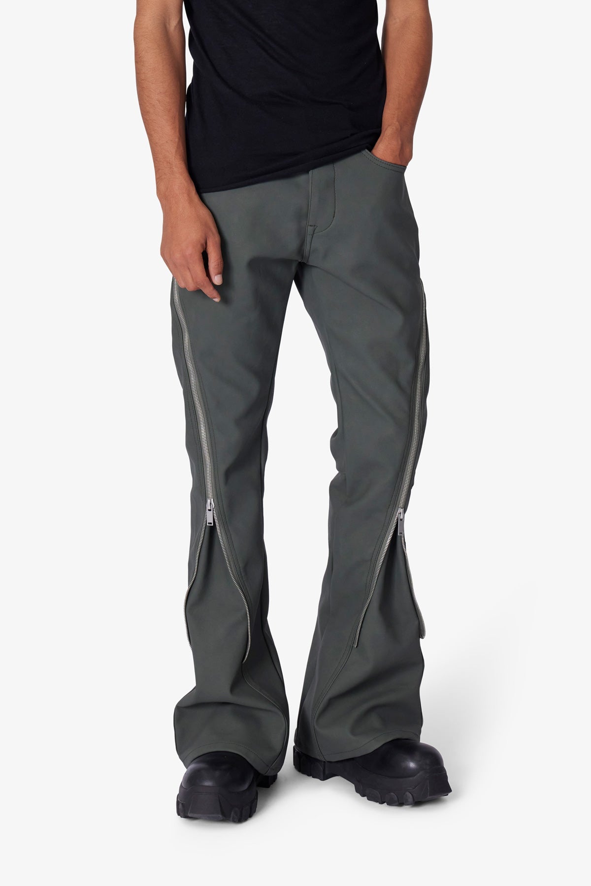 D519 Leather Zipper Flare Pants - Charcoal Grey