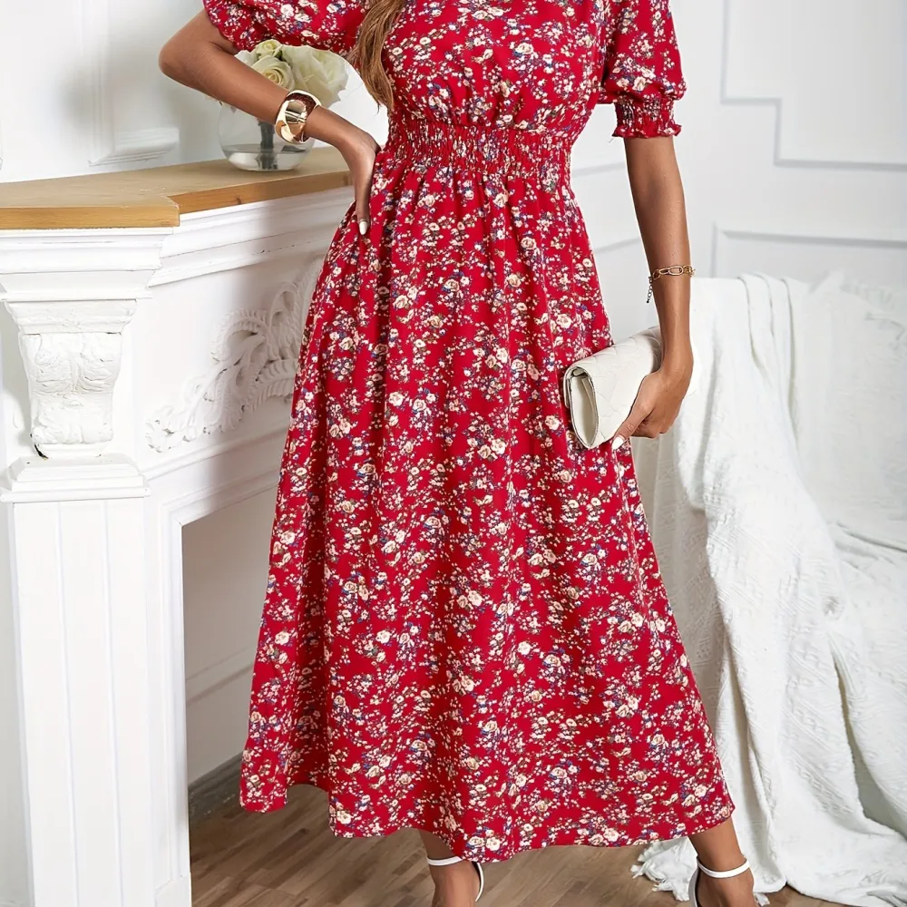 Floral Print Dress: Romantic Puff Sleeves (Spring & Summer, Crew Neck)