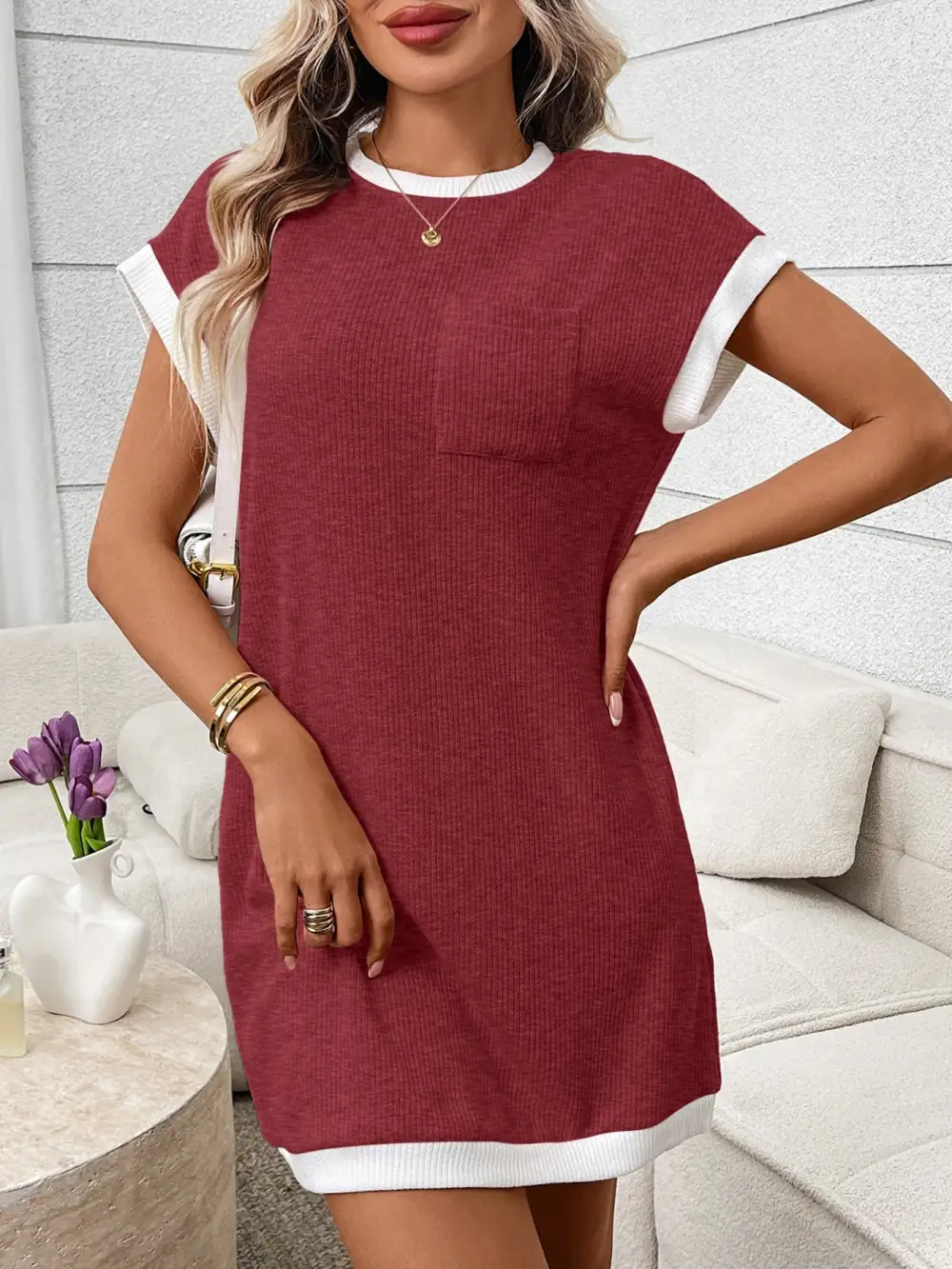 Ribbed Knit Pocketed Mini Dress