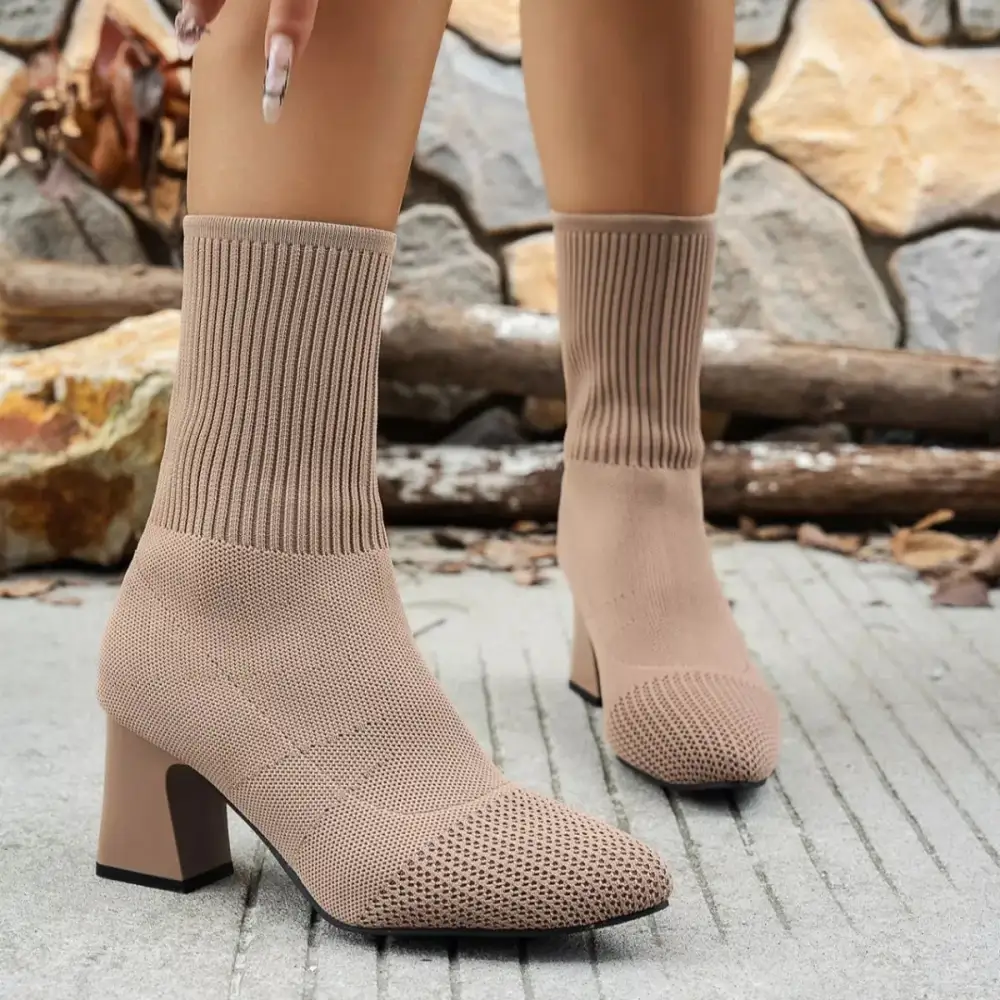 Pointed Toe Knit Sock Boots with Block Heel