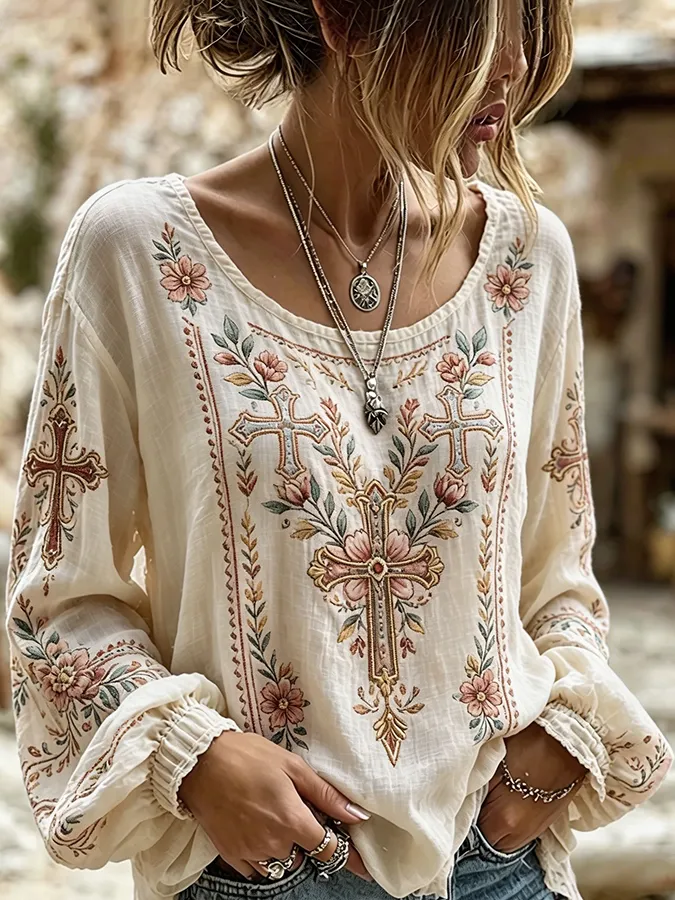 Women's Cross Floral Embroidered Western Long Sleeve Blouse