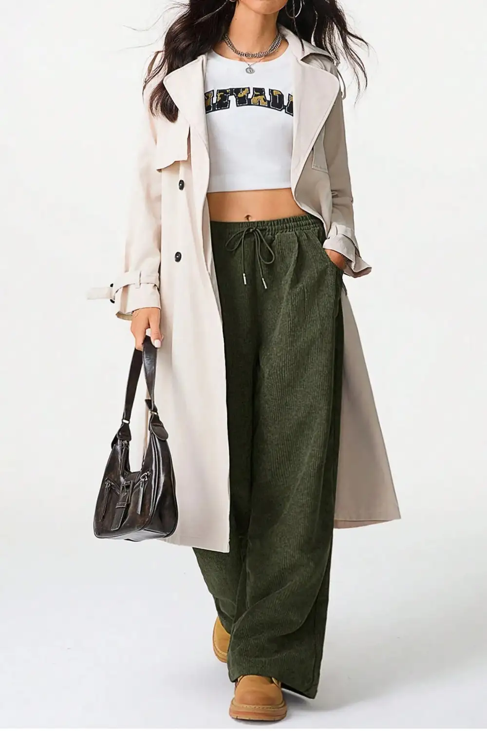Drawstring Flannel Wide Leg Pants
