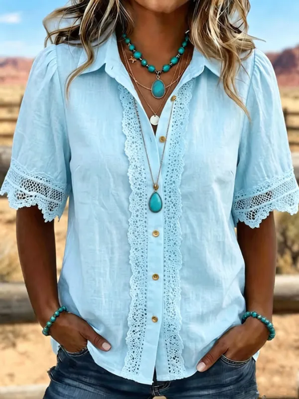 Women'S Vintage Art Patchwork Hollow Design Cotton Shirt
