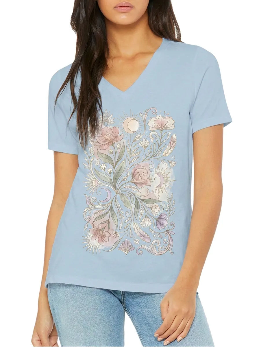 Women's Boho Celestial Floral Sun Moon Printed V-neck T-shirt