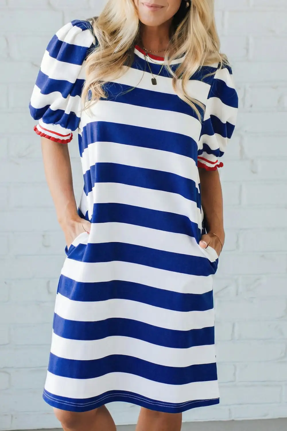 Stripe Contrast Trim Round Neck Short Puff Sleeve Shift Mini Dress