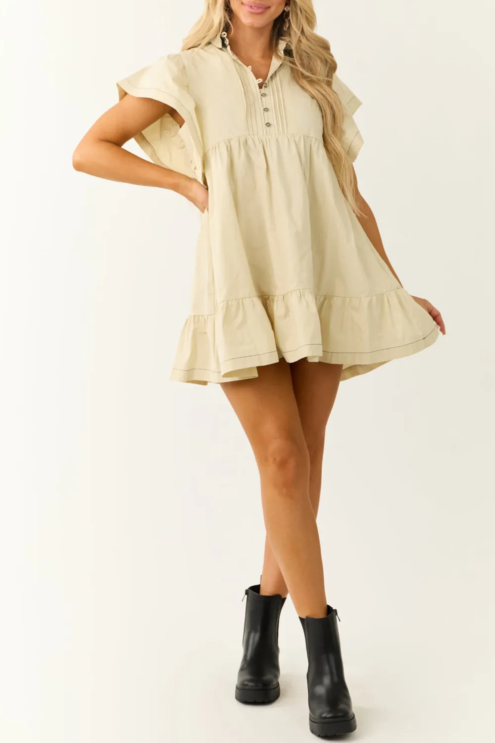 Cream Flutter Sleeve Button Up Short Dress