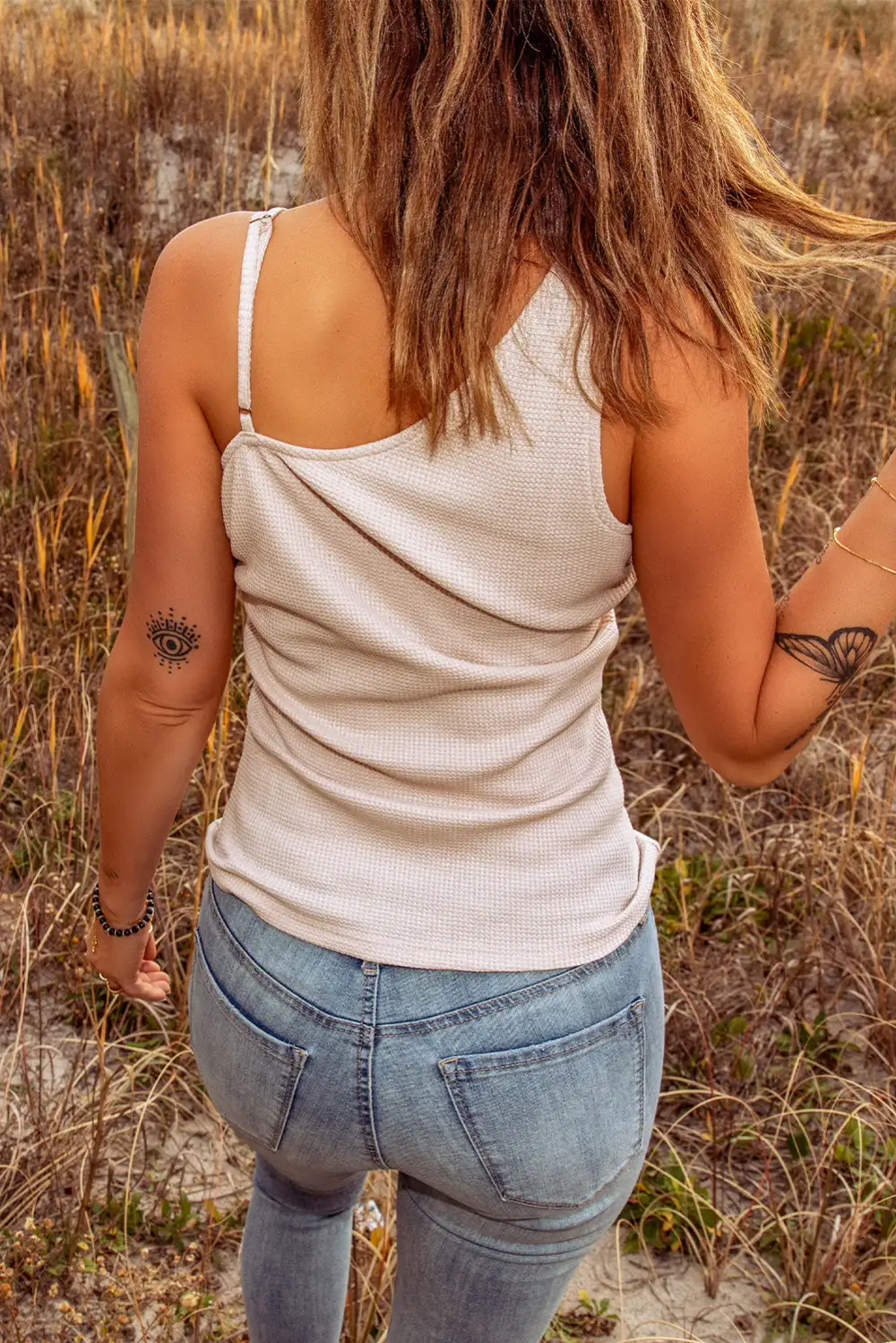 Natural Asymmetrical One Shoulder Ribbed Tank Top