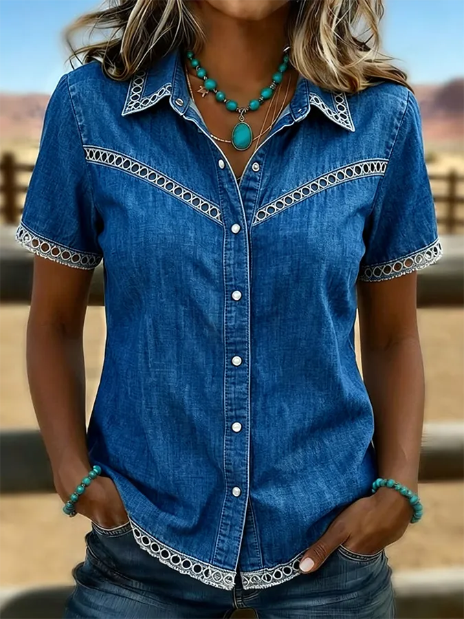 Women's Western Style Retro Solid Color Casual Hollow Denim Shirt